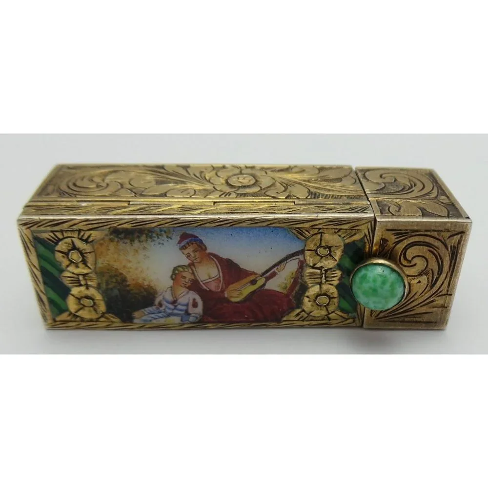 Vintage Antique 800 Sterling Silver Italian Musical Scene Enamel Mirror Lipstick